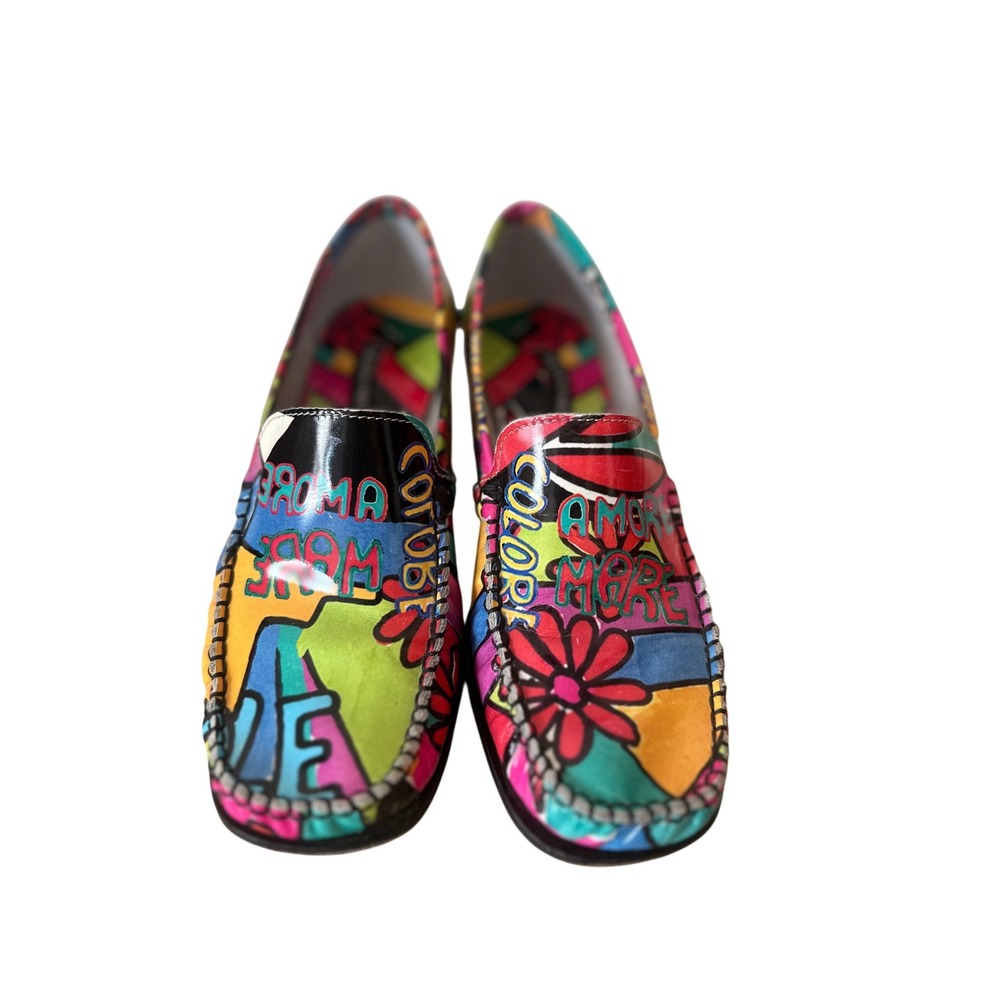 Sesto Meucci Italy Pop Art Graffiti Leather Loafers Multi Color Floral Wedge 5.5